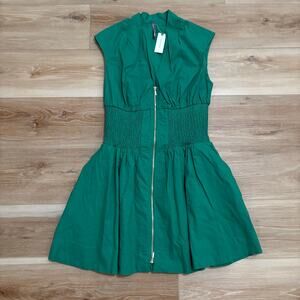 Anthropologie Tommie Cap-Sleeve Smocked Front-Zip Linen Mini Shirt Dress S